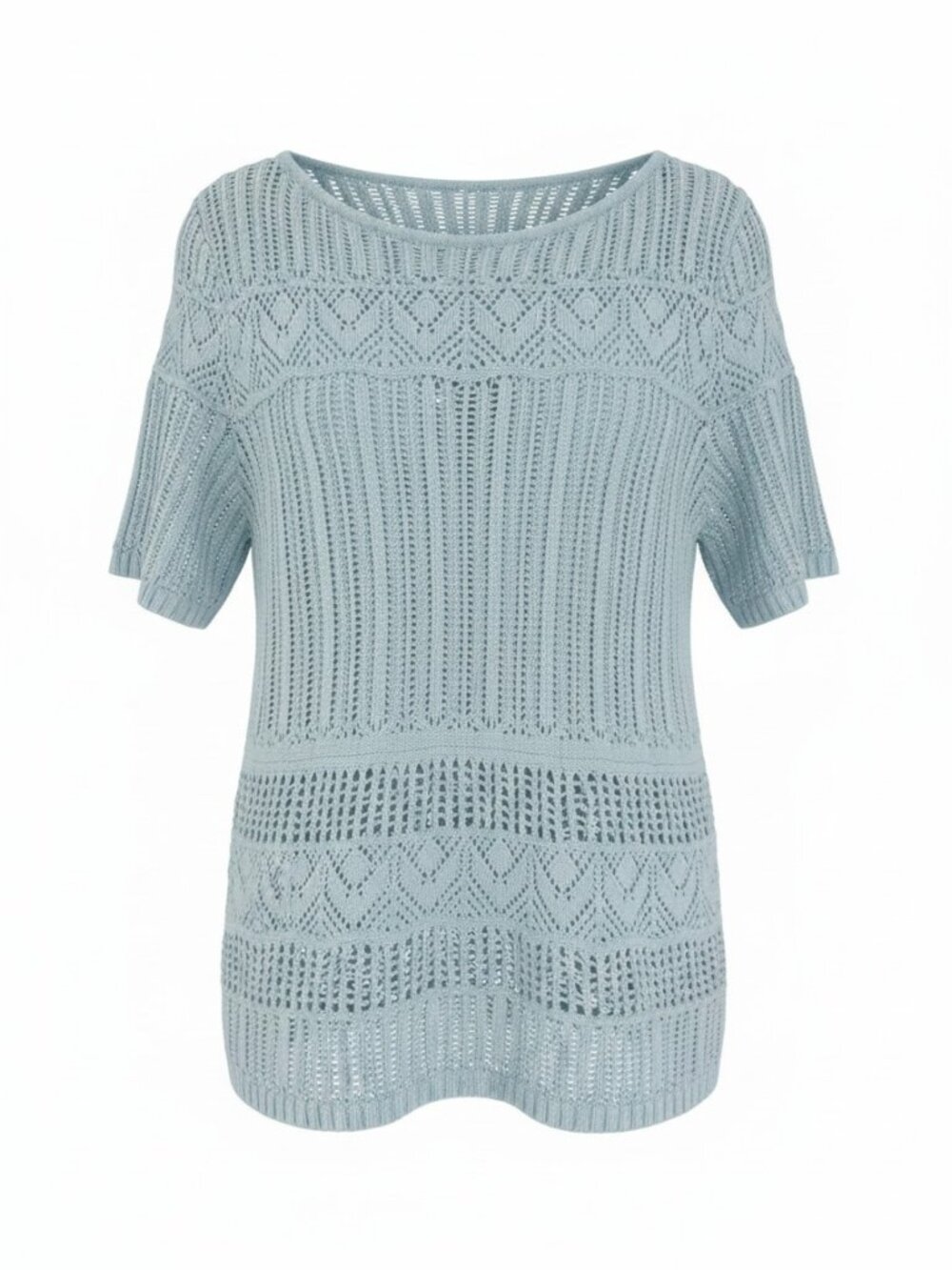Talbots Open Knit Pointelle Short Sleeve Pullover Sweater Blue Cotton Boho Chic